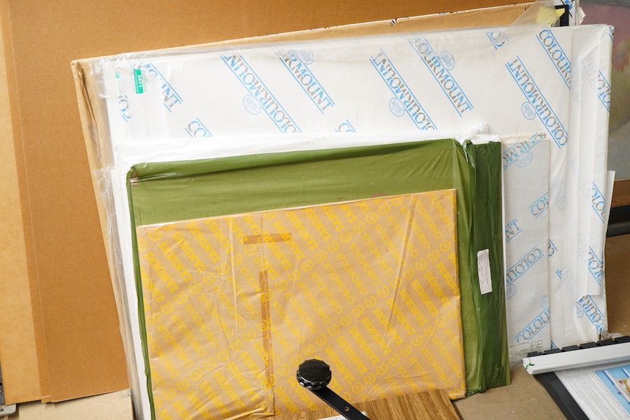 A collection of framing equipment to include Ademco heat press, C & H Bainbridge oval master mount cutter, Longridge baseboard, various mount and backing boards, tools, cutters, clamps and point drivers, many with instru
